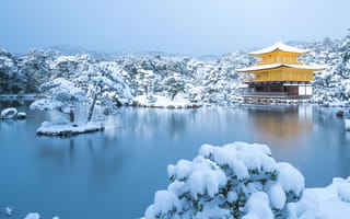 Картинка города, киото , япония, киото, кинкаку, дзи, зима, природа, озеро, снег