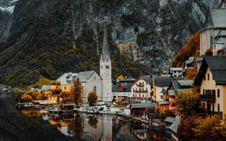 Картинка города, гальштат , австрия, горы, озеро, отражение, осень