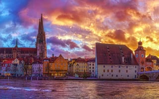 Картинка города, регенсбург , германия, река, собор, закат, облака