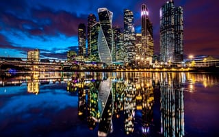 Картинка города, москва, сити, столица, небоскребы, ночь, иллюминация, город, россия