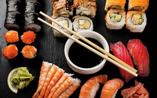 Картинка еда, рыба, соус, морепродукты, соевый, роллы, кухня, суши, японская, васаби, икра, имбирь