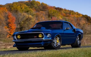 Картинка автомобили, mustang, ford, 2022, forest, road, 1969, blue, ringbrothers, sema