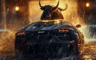 Картинка автомобили, 3д, bull, сзади, бык, lamborghini, арт, черный, дождь, revuelto