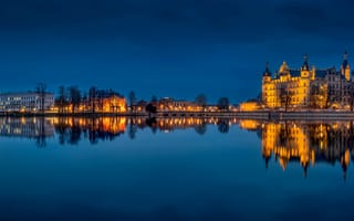 Картинка города, замок шверин, schwerin, castle, архитектура, германия, oзеро, замок, гладь, спокойная