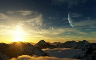 Картинка cloudy mountains, cloudy mounstains, арт, небо, луна, горы, планета, цифровое, облачно