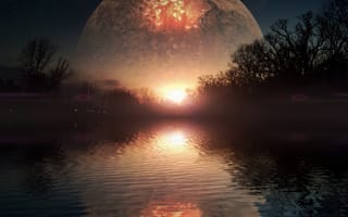 Картинка planet reflection, природа, небо, пейзаж, вода, звезды, деревья, планета, планеты, отражение