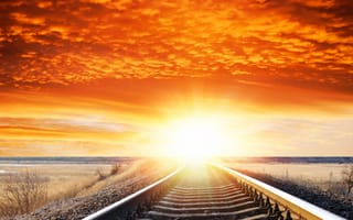 Картинка природа, закат, солнце, сияние, яркие, колея, железная дорога