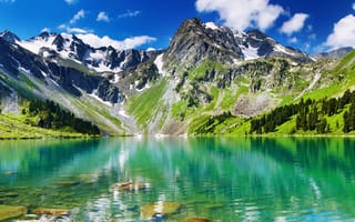 Картинка снег, красота, лес, деревья, горы, камни, пейзаж, озера