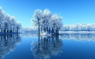 Картинка природа, синие, зима, снег, деревья, отражение