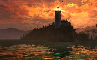 Картинка вода, закат, озеро, маяк