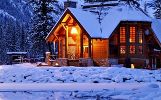 Картинка winter lodge, синие, зима, снег, горы, озеро, дом