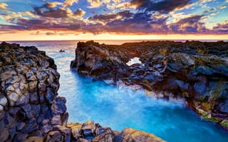 Картинка природа, море, закат, камни, морской берег