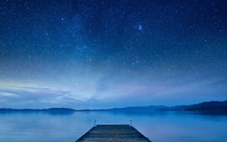 Картинка boardwalk, небо, ночь, вода, звезда, озеро