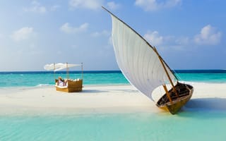 Картинка 4k, hd, море, пляж, лето, тропические, песок, остров, лодки, мальдивы
