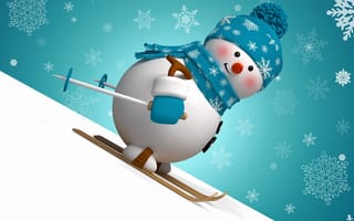 Картинка 3d, skiing, милые, зима, 3д, снеговик, снежинки