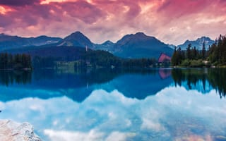 Картинка mountain majesty, небо, вода, закат, горы, озеро, домик