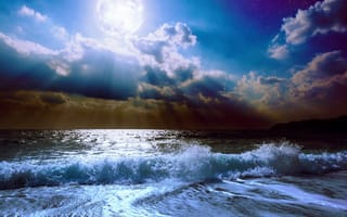 Картинка природа, ночь, вода, море, луна, волны