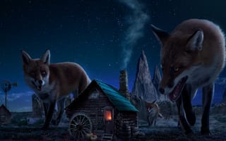 Картинка three wolves, животные, волк, дом, три