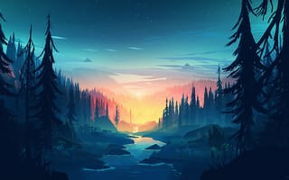 Картинка sundown, mikael forest, закат, лес, минимализм, река, плоские
