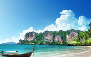 Картинка thailand, море, пляж, облака, камни, лодка