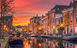 Картинка canal, holland, закат, восход, лодка