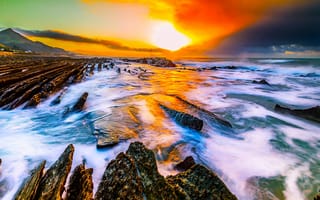 Картинка color sunset, цветные, море, закат, пляж, океан, солнце, волна