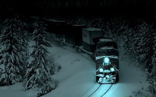 Картинка ночь, снег, лес, дерево, поезда