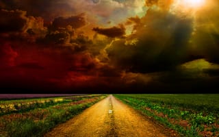 Картинка road field, sky clouds, sunset colorful, sunset road, небо, красочные, закат, дорога, облака, поле