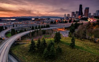 Картинка bridges, usa, закат, огни, деревья, америка, сша, сиэтл, вашингтон