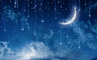 Картинка природа, ночь, звезды, луна, облака, огни