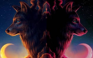 Картинка wolf wall 5, луна, волк, стена, облака