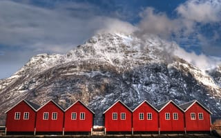 Картинка boathouse, hdr, skie, boathouses in norway, природа, снег, облака, горы, норвегия