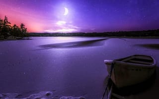 Картинка ночь, зима, луна, озеро, лодки