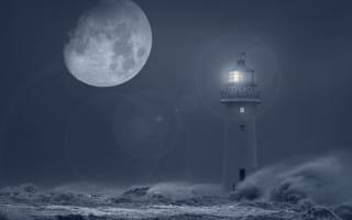 Картинка beacon, pharos, ночь, море, луна, свет, шторм, маяк