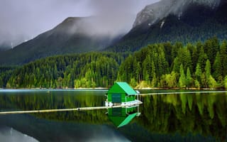 Картинка пейзаж, облака, горы, озеро, дом