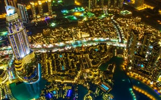 Картинка ночь, море, город, огни, дубай, архитектура