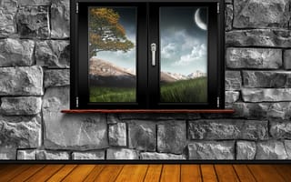 Картинка wondows, windows view hd, природа, небо, луна, дерево, вид, стена, листья, камни, окно, комната