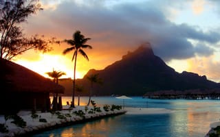 Картинка bora bora, bora bora sunset, вода, море, закат, пляж, тропические, рай
