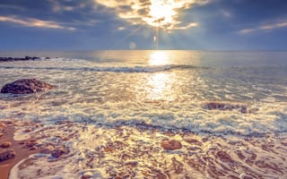 Картинка the ocean, природа, вода, закат, океан, солнце, волны