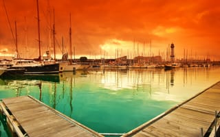 Картинка harbour, природа, закат, барселона, испания, лодка