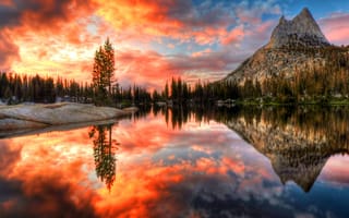 Картинка природа, небо, пейзаж, закат, горы, озеро, отражение