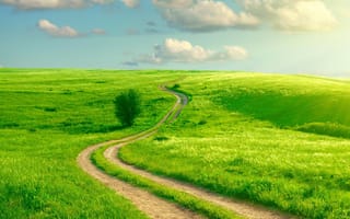 Картинка синие, небо, зеленые, облака, трава, поле