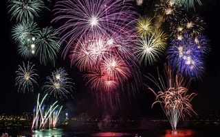 Картинка firework scene, ночь, река, лодки, фейерверк, сцена