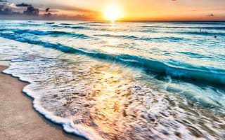 Картинка море, закат, пляж, песок