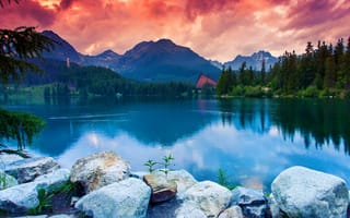 Картинка природа, небо, деревья, озеро, горы