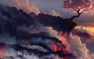 Картинка land, пейзаж, горы, огонь, магма, лава