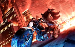 Картинка the hedgehog, город, огонь, мотоциклы, тень, соник, еж
