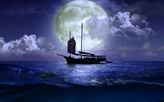 Картинка природа, ночь, вода, море, луна, лодки
