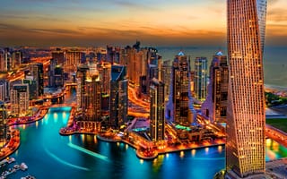Картинка marina, природа, ночь, город, огни, башня, дубай