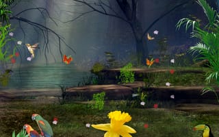 Картинка jungle hd, дерево, лес, деревья, бабочки, листья, птицы, джунгли, попугай